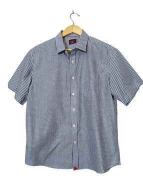 UNTUCKit Shirt Mens Large Blue White Check Wrinkle Free Cotton Short Sleeves